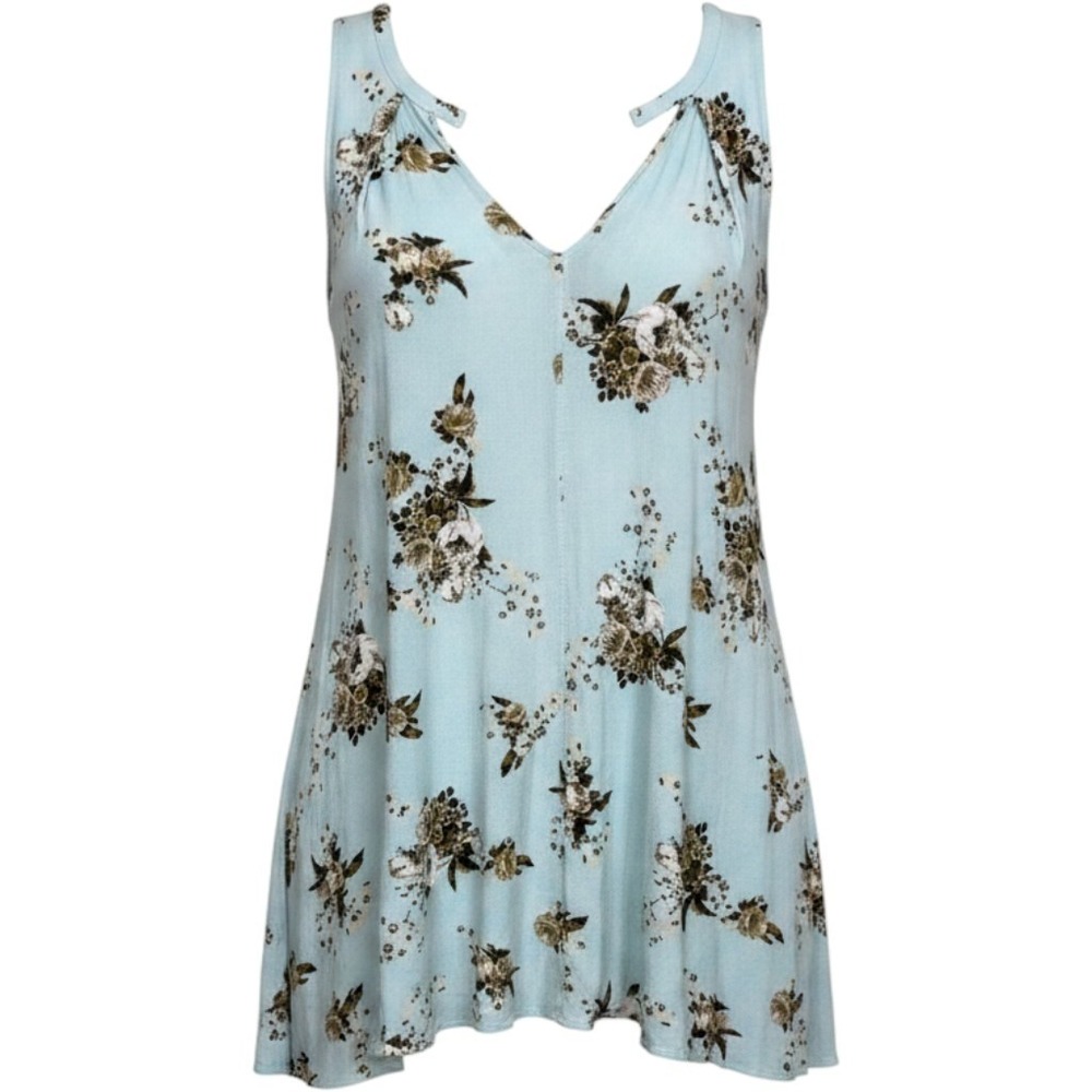 Free People Womens Floral Swing Tunic Light Blue V-Neck Pockets Medium